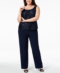 R & M Richards 3-Pc. Plus Sequined Lace Pantsuit Shell