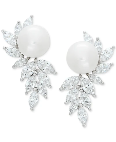 Arabella Cultured Freshwater Pearl (10mm) & Cubic Zirconia Drop Earrings in Sterling Silver