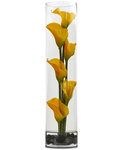 Nearly Natural 18" Mini Calla Lily Artificial Arrangement in Cylinder Glass Vase
