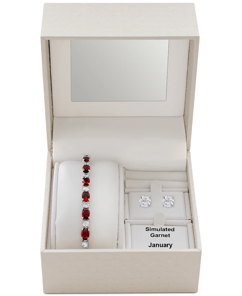 Simulated Garnet Slider Bracelet & Cubic Zirconia Stud Earrings Set In Silver-Plate, January Birthstone
