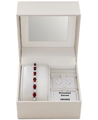 Simulated Garnet Slider Bracelet & Cubic Zirconia Stud Earrings Set In Silver-Plate, January Birthstone