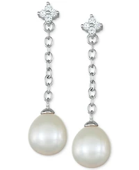 Cultured Freshwater Pearl (8mm) & Cubic Zirconia Flower Chain Earrings in Sterling Silver