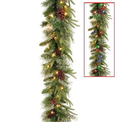 National Tree Company 9' x 10" Feel Real(R) Colonial Garland with 15 Pine Cones, 15 Red Berries and 50 Dual Color(R) Battery Operated Led Lights with