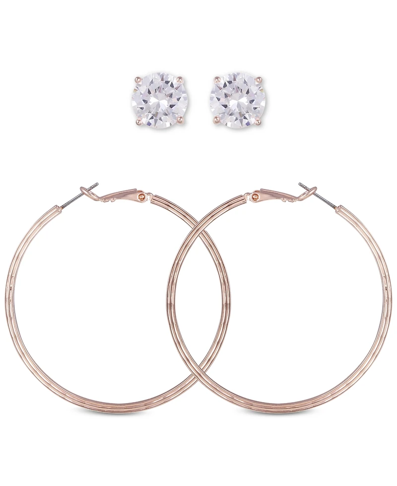Guess Rose Gold-Tone 2-Pc. Set Crystal Stud & Hoop Earrings