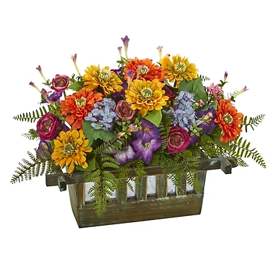 Nearly Natural Mixed Floral Artificial Arrangement in Rectangular Wood Planter