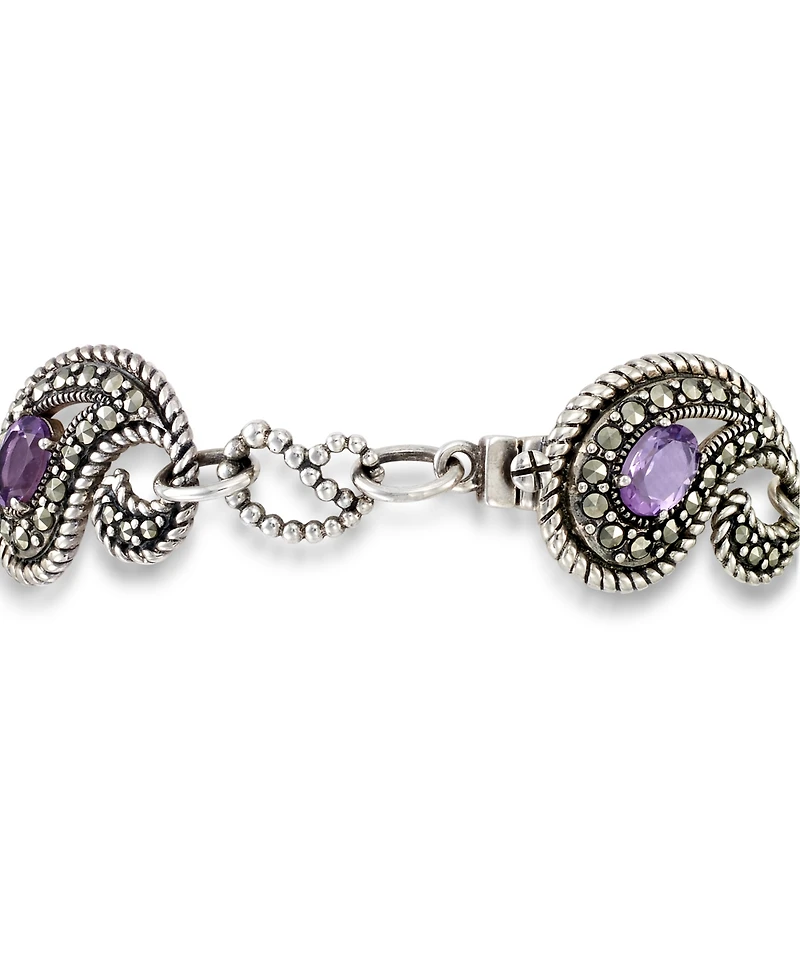 Amethyst (1-3/4 ct. t.w.), Garnet (1-3/4 ct. t.w) & Marcasite Paisley Link Bracelet in Sterling Silver