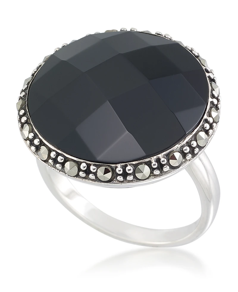 Faceted Onyx (18 x 5mm) & Marcasite Ring in Sterling Silver