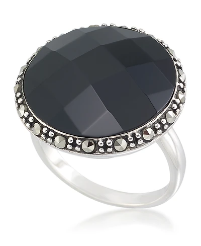 Faceted Onyx (18 x 5mm) & Marcasite Ring in Sterling Silver