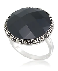 Faceted Onyx (18 x 5mm) & Marcasite Ring in Sterling Silver