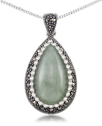 Jade (19 x 10mm) & Marcasite Teardrop Pendant on 18" Chain in Sterling Silver