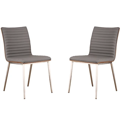 Cafe Brushed Stainless Steel Dining Chair Gray Artificial leather with Walnut Back - Set of 2