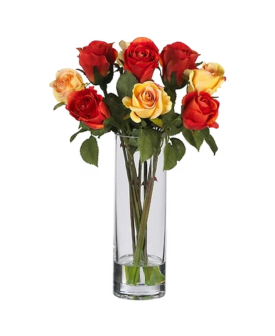 Nearly Natural Roses w/Glass Vase Silk Flower Arrangement