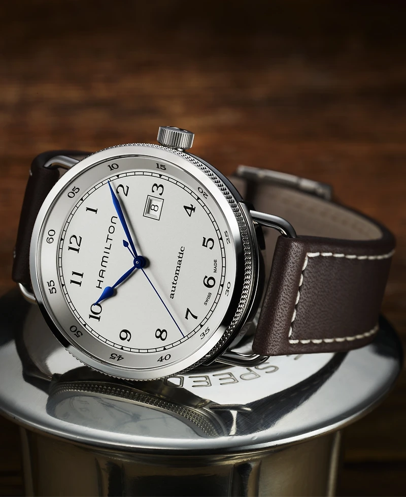 Hamilton Men's Swiss Automatic Khaki Navy Pioneer Brown Leather Strap Watch 43mm H77715553