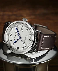 Hamilton Men's Swiss Automatic Khaki Navy Pioneer Brown Leather Strap Watch 43mm H77715553