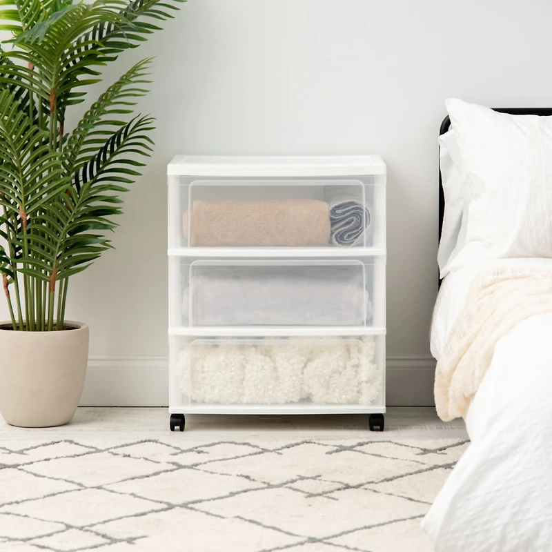 Iris Usa 3 Drawer Wide Storage Drawer Cart with Caster Wheels, Plastic Rolling Dresser for Home Closet Bedroom Bathroom Office Laundry Kitchen Craft R