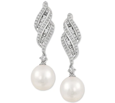 Arabella Cultured Freshwater Pearl (7mm) & Cubic Zirconia Drop Earrings in Sterling Silver, Created for Macy's