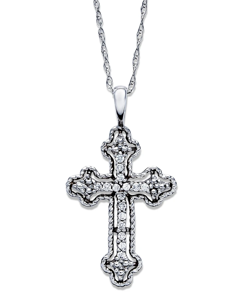 Diamond Antique Cross Pendant Necklace 14k White, Yellow, or Rose Gold (1/10 ct. t.w)
