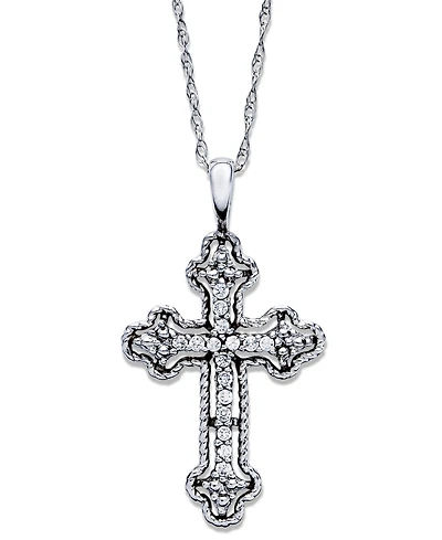 Diamond Antique Cross Pendant Necklace 14k White, Yellow, or Rose Gold (1/10 ct. t.w)