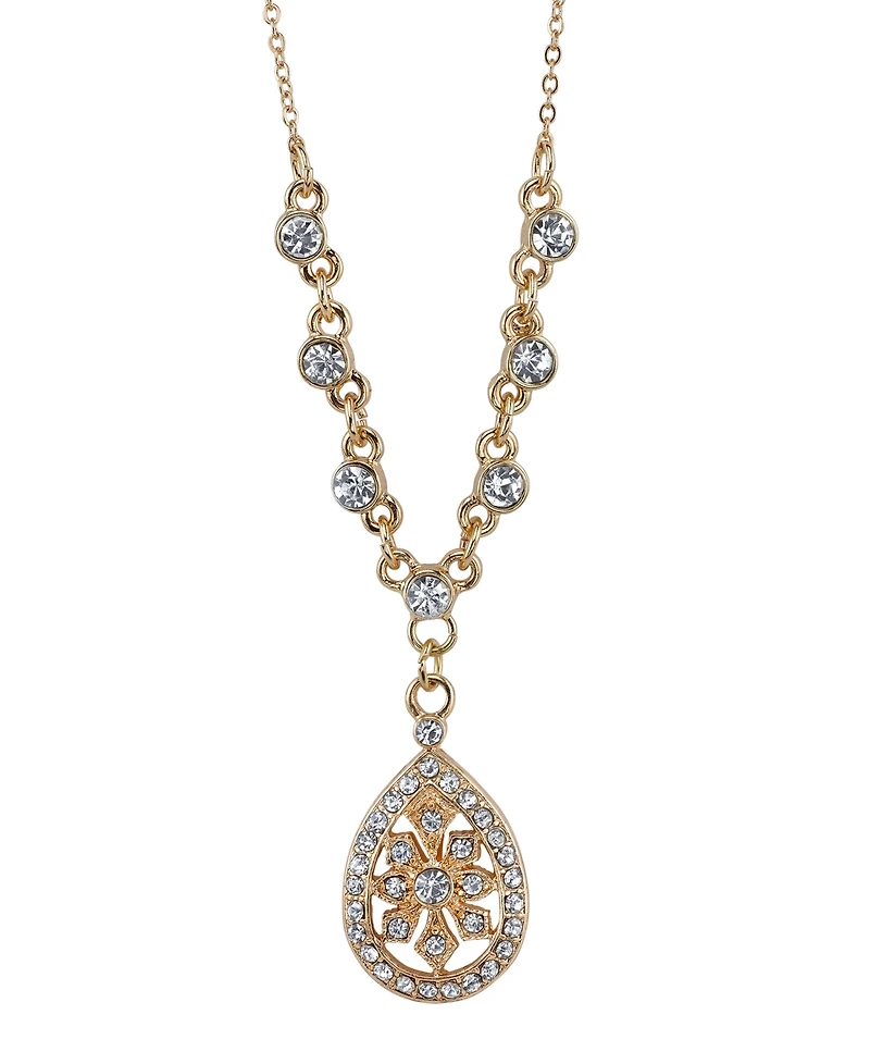 2028 Gold-Tone Crystal Filigree Teardrop Necklace 16" Adjustable