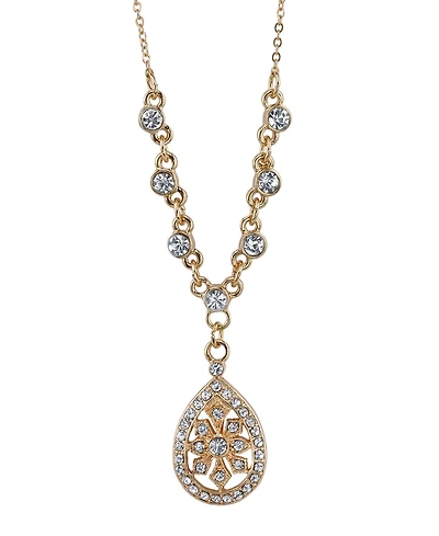 2028 Gold-Tone Crystal Filigree Teardrop Necklace 16" Adjustable