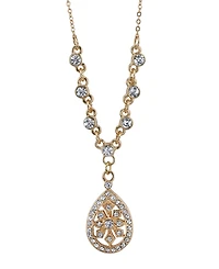 2028 Gold-Tone Crystal Filigree Teardrop Necklace 16" Adjustable