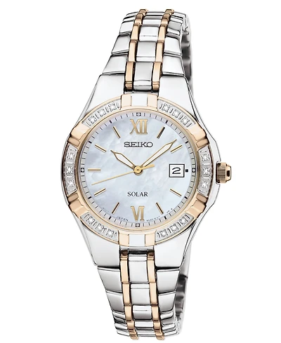 Seiko Watch, Women's Solar Diamond Accent Two Tone Stainless Steel Bracelet 27mm SUT068