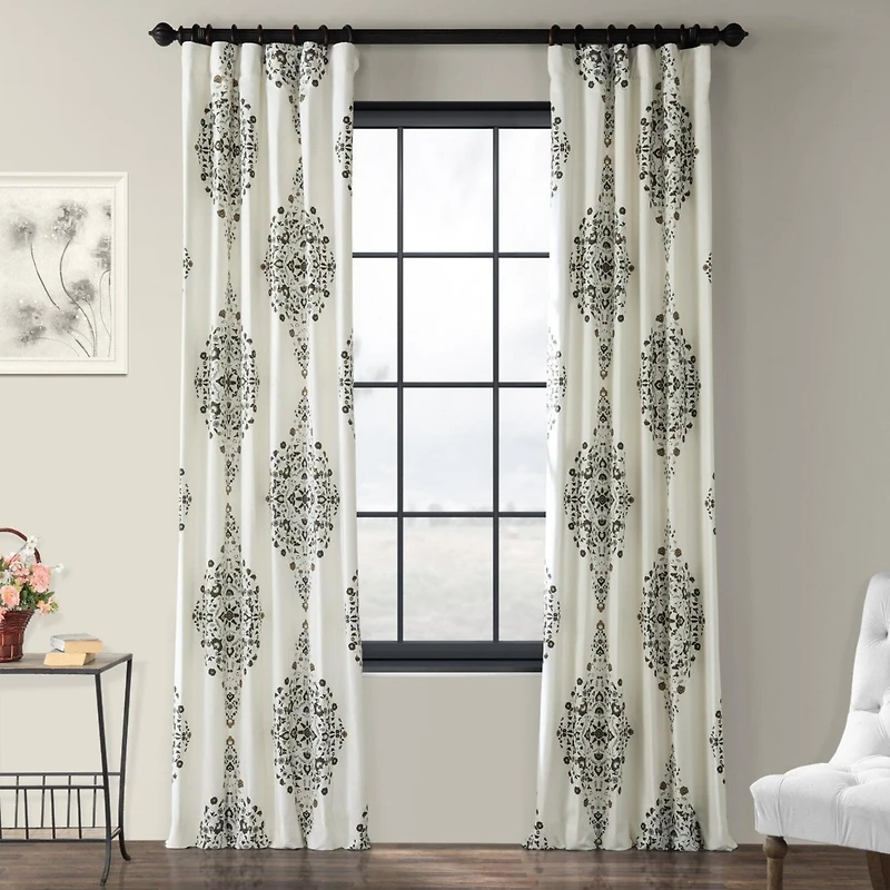 Half Price Drapes Kerala Cocoa Emblem Printed Cotton Room Darkening Curtain