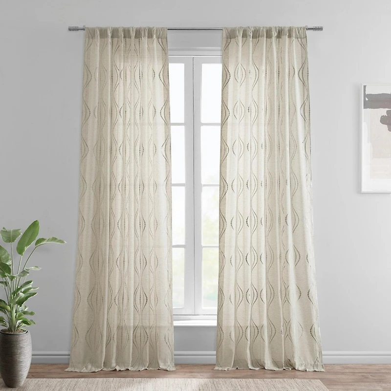 Half Price Drapes Suez Bronze Embroidered Striped Patterned Faux Linen Sheer Curtain