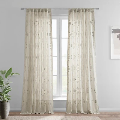 Half Price Drapes Suez Natural Embroidered Striped Patterned Faux Linen Sheer Curtain