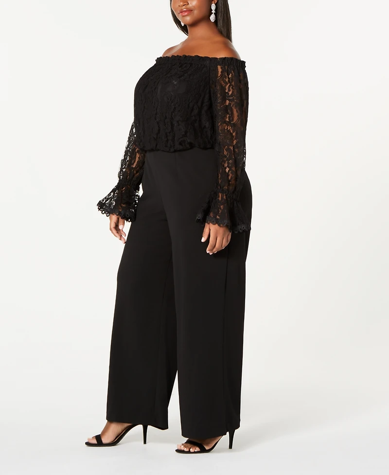 Adrianna Papell Plus Size Off-The-Shoulder Lace Jumpsuit