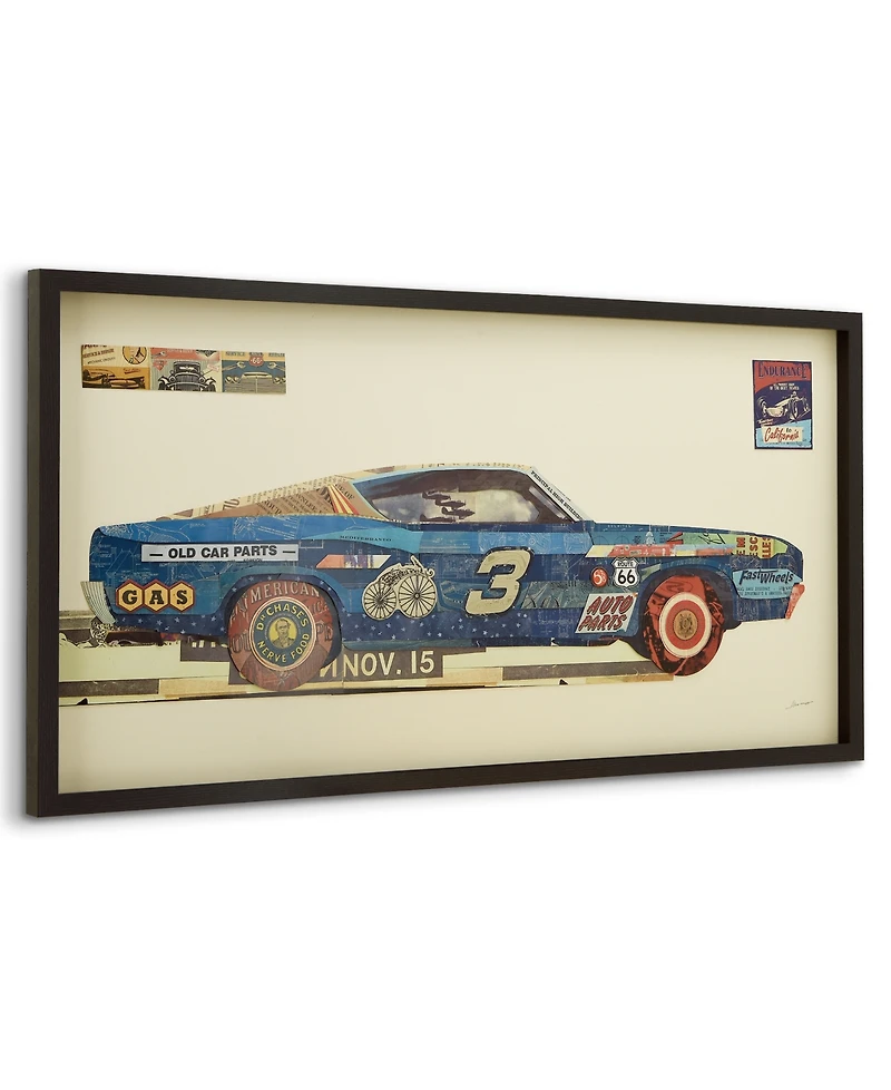 Empire Art Direct "Muscle Blue Car" Dimensional Collage Framed Graphic Art Under Glass Wall Art - 25'' x 48''