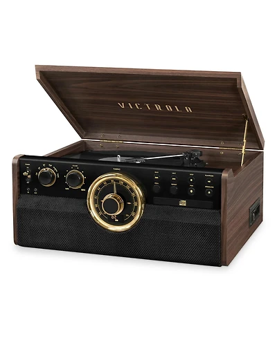 Innovative Technology Victrola 6-in-1 Wood Empire Mid Century Modern Bluetooth Record Player with 3-Speed Turntable, Cd, Cassette Player and Radio