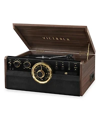 Innovative Technology Victrola 6-in-1 Wood Empire Mid Century Modern Bluetooth Record Player with 3-Speed Turntable, Cd, Cassette Player and Radio