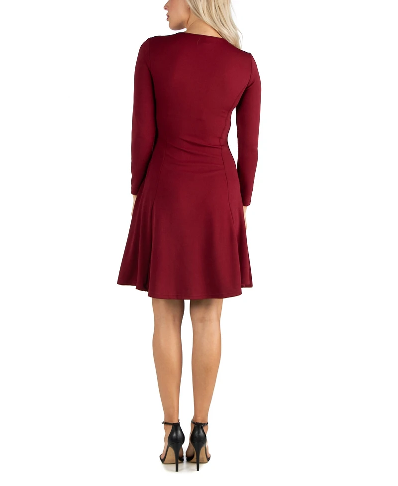 24seven Comfort Apparel Women's Simple Long Sleeve Knee Length Flared Dress