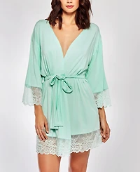 iCollection Elegant Modal Knit Robe Lingerie with Contrast Scalloped Lace