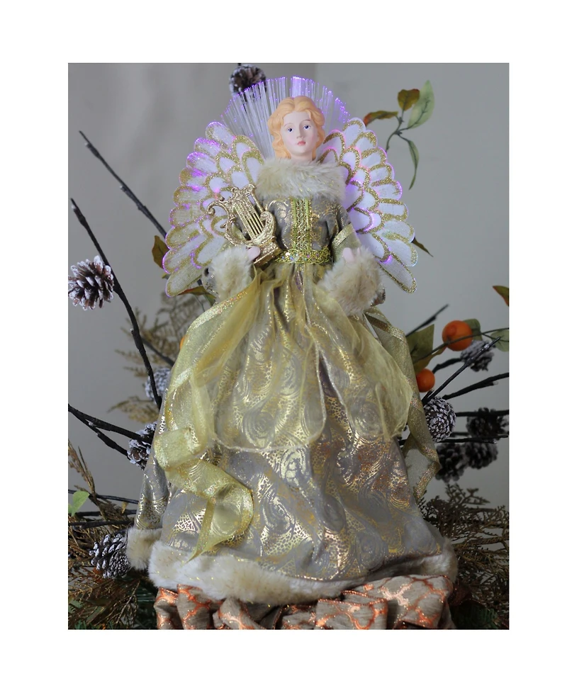 Northlight 16" Lighted Fiber Optic Angel in Metallic Gold Gown with Harp Christmas Tree Topper
