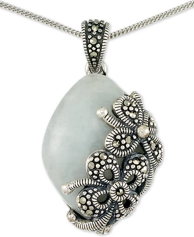 Jade (18 x 25 x 5mm) & Marcasite Floral 18" Pendant Necklace in Sterling Silver