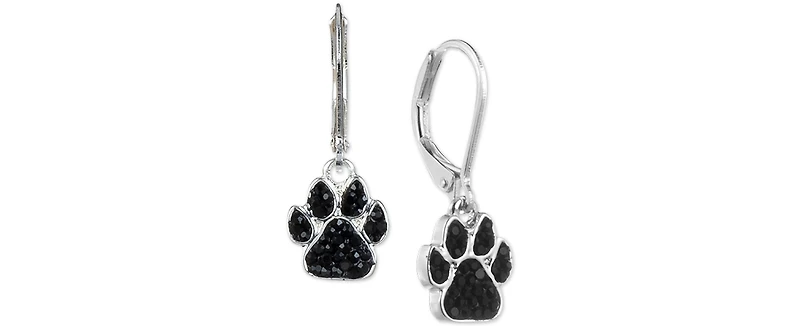 Pet Friends Jewelry Silver-Tone Black Pave Paw Drop Earrings