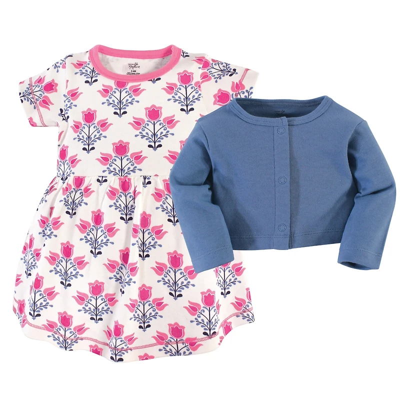 Touched by Nature Toddler Girls Comfy Organic Cotton Dress & Cardigan Set