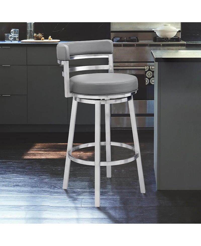Madrid 26" Counter Height Swivel Gray Artificial leather and Brushed Stainless Steel Bar Stool
