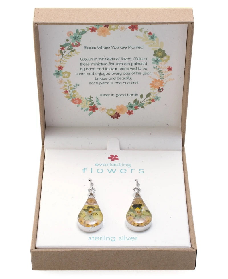 Medium Teardrop Dried Flower Earrings in Sterling Silver. Available in Multi, Blue, Yellow or Purple