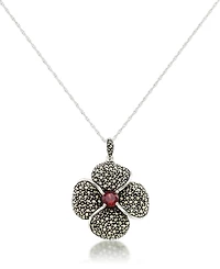 Marcasite and Garnet (9/10 ct.t .w.) Pave Flower Pendant+18" Chain in Sterling Silver