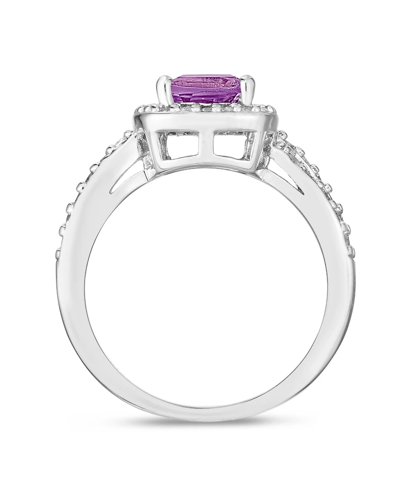 Simulated Birthstone Cushion Cubic Zirconia Halo Solitaire Ring Silver Plate