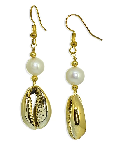 Freshwater Pearl Puka Shell Drop Earring Silver Plate