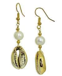 Freshwater Pearl Puka Shell Drop Earring Silver Plate
