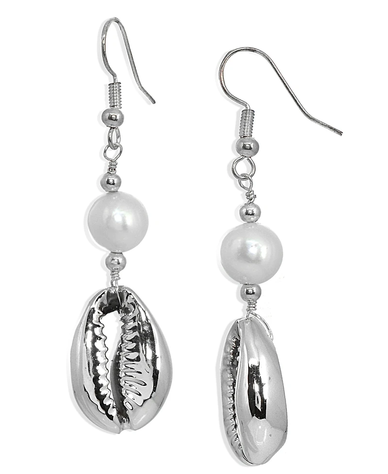 Freshwater Pearl Puka Shell Drop Earring in Silver Plate