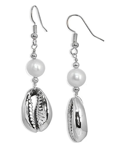 Freshwater Pearl Puka Shell Drop Earring in Silver Plate