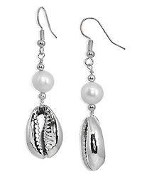 Freshwater Pearl Puka Shell Drop Earring in Silver Plate
