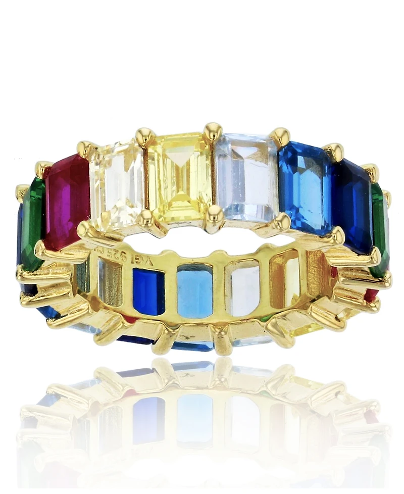 Rainbow Colored Emerald Cut Cubic Zirconia Eternity Band 14k Yellow Gold Plated Sterling Silver