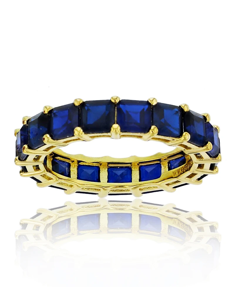 Created Blue Spinel Princess Cut Eternity Band in 14k Yellow Gold Plated Sterling Silver